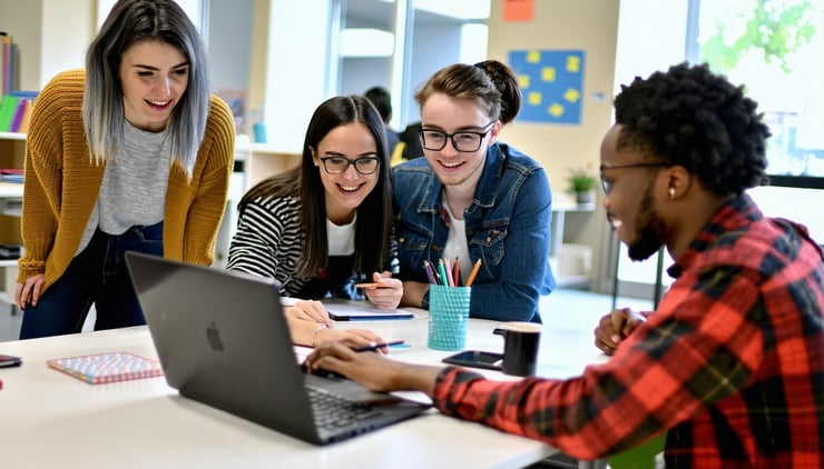 A diverse group of students and tutors collaborating online.