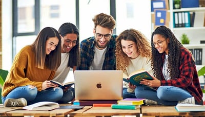 Newsletter signup illustration showing diverse students studying together online