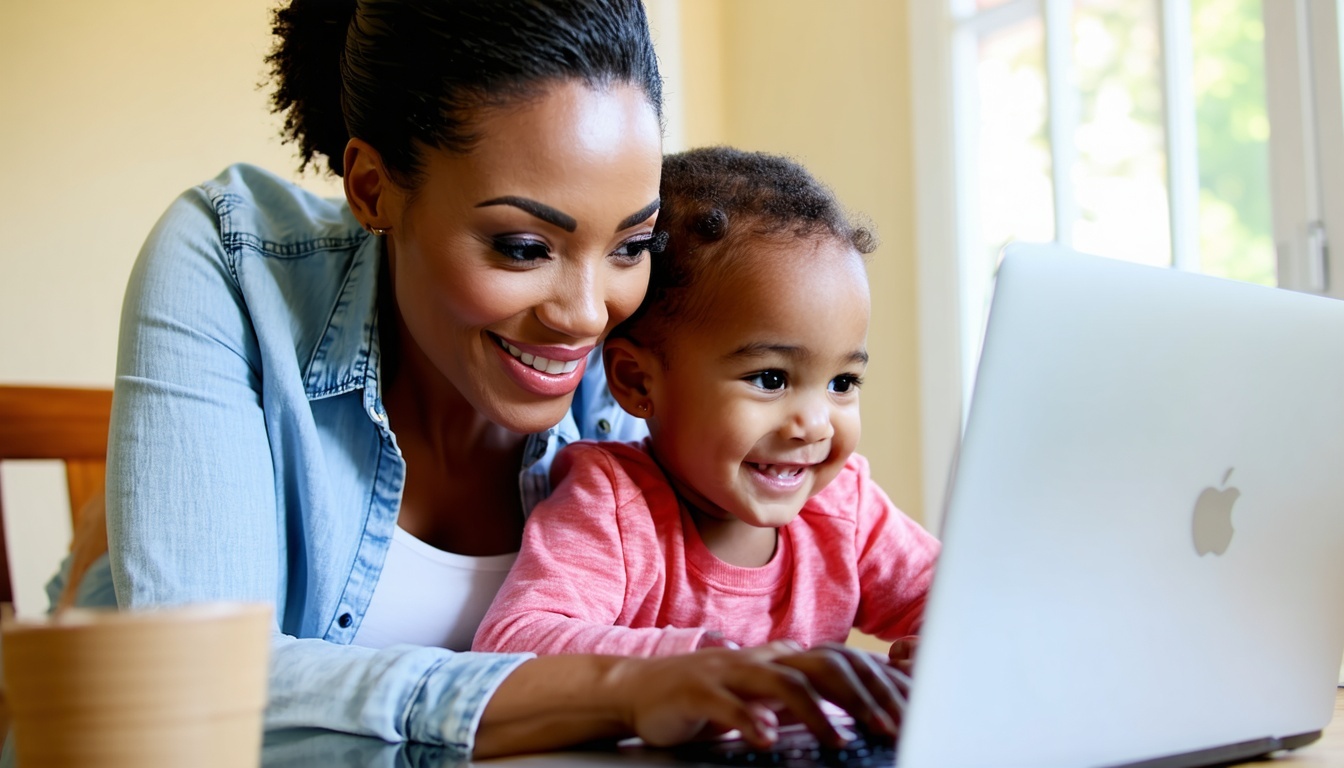 Parent and child smiling at a laptop screen.